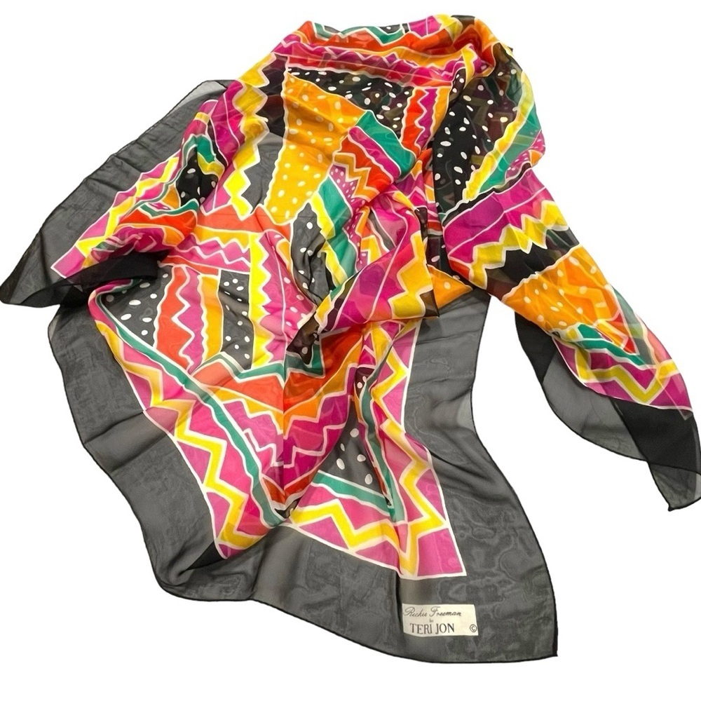 Vintage Rickie Freeman for Teri Jon Silk Scarf.  Bold Geometric Print 42”